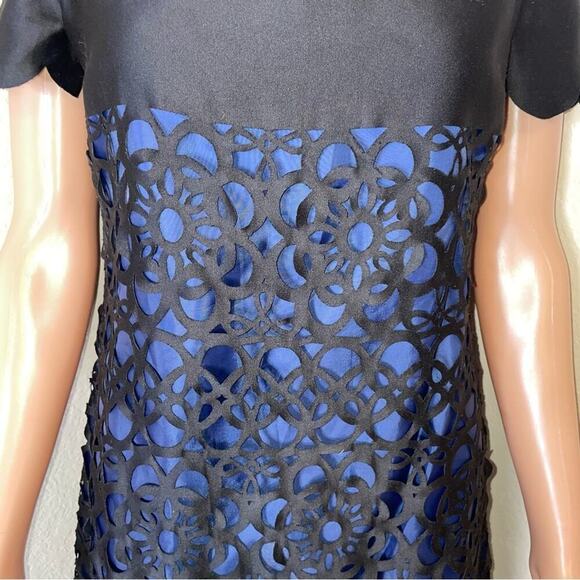 Muse Black Blue Laser Cut Eyelet Dress Size 6 black and navy blue sheath dress - Picture 12 of 16